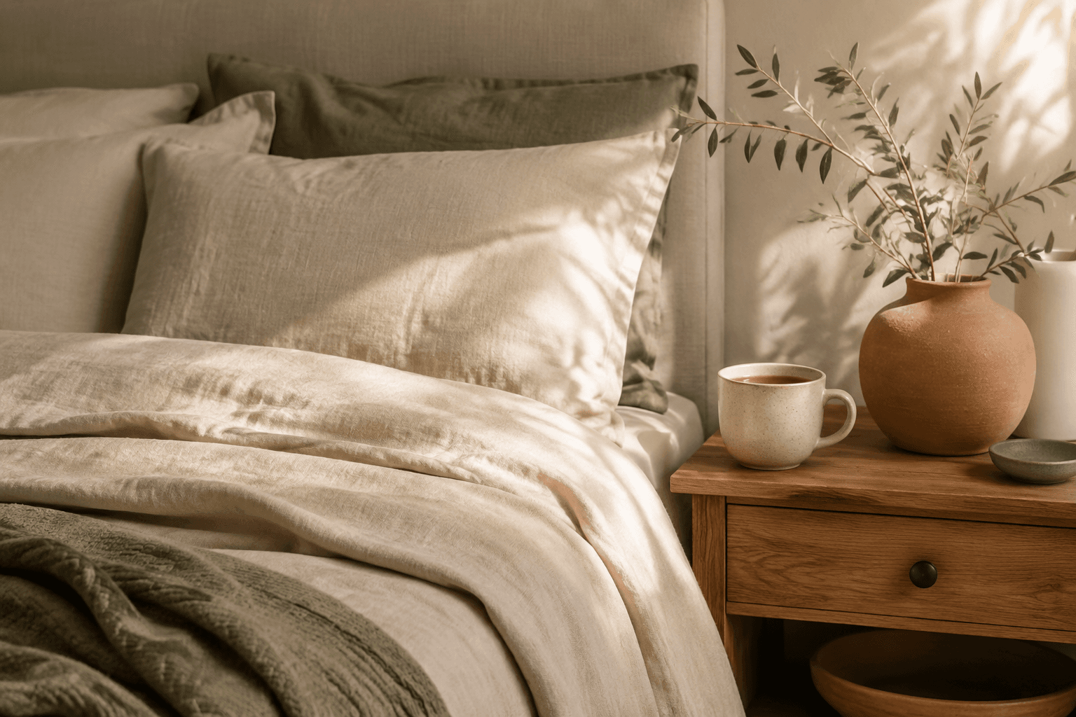 A restful bedroom corner with tea on a nightstand