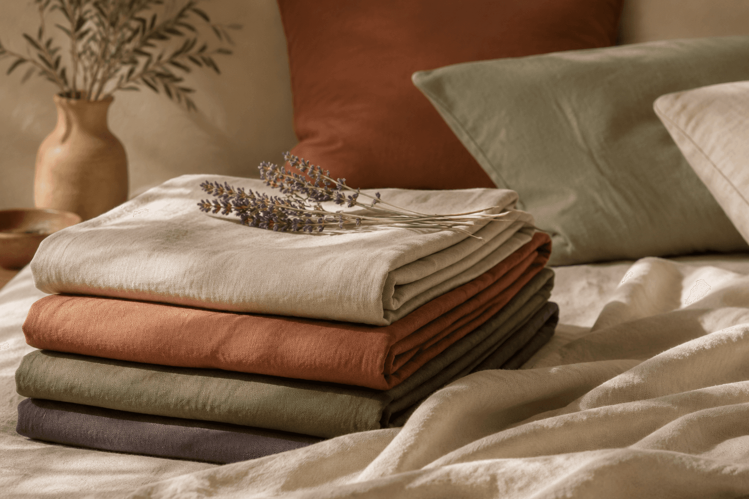 Soft folded sheets with a sprig of lavender